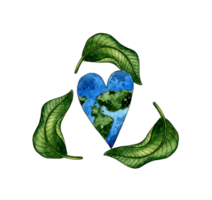 Watercolor illustration of a garbage recycling sign with green leaves and planet Earth in the shape of a heart. Earth Day. Environment protection. Isolated. Hand drawn botanical illustration. png