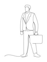 One single line drawing of young male manager walking on town street to go to the office while holding suitcase. Urban commuter worker concept continuous line draw design vector illustration