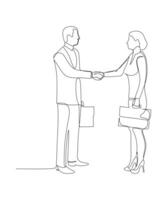 Continuous line drawing of young manager handshake his female worker to congratulate her dealing a project. Business agreement concept. Single line drawing graphic vector illustration