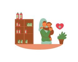 Young muslim vetenerian girl with a little baby monkey in the checking room. Vector design for animal fostering and adoption illustration concept