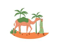 An Arabian man pilgrim walking in the desert with a camel next to the palm trees. Vector illustration design for animal fostering and adoption concept design.