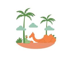 Arabian man sitting on the ground with a camel with sand dune and palm trees vector illustration. Animal adoption and fostering design concept