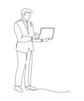 Single one line drawing of young smart business man with suit standing while holding a laptop. Business concept. Modern continuous line draw. Minimal design graphic vector illustration