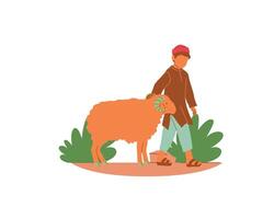 Young happy farmer with a sheep. Flat vector illustration on white background. Animal fostering and adoption concept design