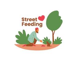 An Arabian young man volunteer feeding a cat and plants in the park scene vector illustration design. Animal fostering and adoption concept design.