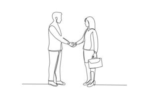 Continuous line drawing of business man handshake his colleague to deal a project. Business meeting concept. Single line drawing, design vector illustration