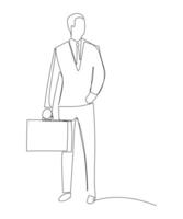 One single line drawing of young male manager walking on town street to go to the office while holding suitcase. Urban commuter worker concept continuous line draw design vector illustration