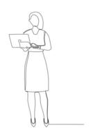 Continuous one line drawing of young female worker standing while holding laptop to type. Success business manager. Minimalist concept. Trendy single line draw design vector graphic illustration