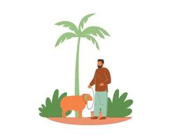 árabe joven hombre caminando con oveja siguiente a un palma árbol, plano vector ilustración aislado en blanco antecedentes.