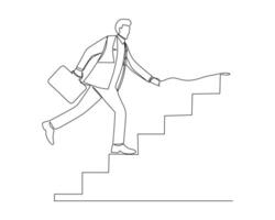 Continuous one line drawing businessman with arrow is running towards his goal, motivation is advancing, path to achieving goal is high, through stairs, steps of achievement. Single line design vector