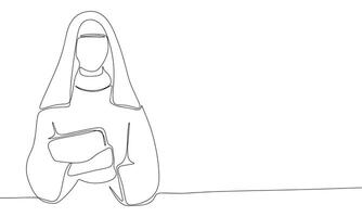 Nun one line continuous. Line art Christian nun, religion banner concept. Hand drawn vector art.