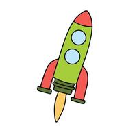 Doodle rocket isolated on white background. Colored outline rocket. Hand drawn vector art.