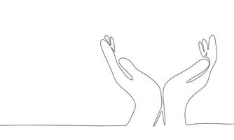 One line continuous hands. Line art open palms isolated on white background. Hand drawn vector art.