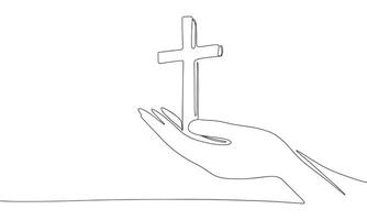 One line continuous cross in hand. Line art Christian cross in hands isolated on white background. Hand drawn vector art.