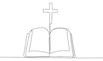 uno línea continuo cruzar en libro. línea Arte cristiano cruzar en Biblia aislado en blanco antecedentes. mano dibujado vector Arte.