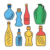 Doodle bottles collection isolated on white background. Colored outline bottles set. Hand drawn vector art.