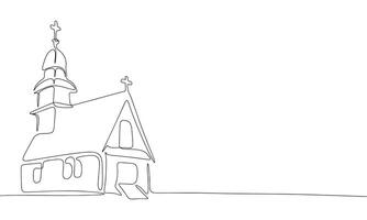 One line continuous church. Line art church isolated on white background. Hand drawn vector art.