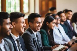 AI Generated Happy group male female sit at table in class university high school college classroom church. Students lesson lecture education studies study learning listening teacher professor teen photo