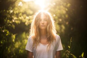 ai generado retrato hermosa maravilloso joven mujer hembra dama bonito vestir ejecutando práctica meditación alma libertad mente naturaleza paisaje. mental salud zen flor campo emociones armonía yoga foto