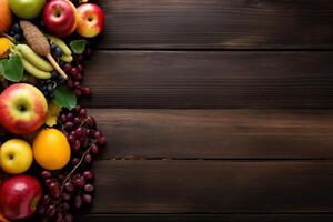 AI Generated Top view different ripe juicy red yellow apples pomegranate seeds on rustic wooden table background. Healthy fruits vitamin copy space healthcare vegetarian vegan food natural dieting photo