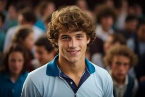 ai generado contento masculino estudiante joven hombre chico a mesa sentar en clase Universidad alto colegio Universidad salón de clases durante lección conferencia educación estudios estudiar aprendizaje escuchando profesor profesor adolescente foto