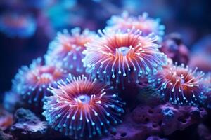 AI Generated Underwater beautiful colorful dancing reef Anemone group coral tropical animal Anemonefish nature salt water fish tank aquarium. Ecology snorkel diving ecosystem environmental save planet photo