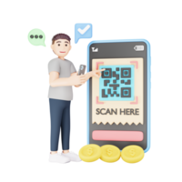 digitaal illustratie van 3d karakter scannen qr code Aan smartphone png