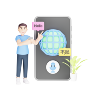 Man Using Mobile Translator App - 3D Character Illustration for Multilingual Communication png