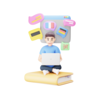 Man Learning Foreign Language Online - 3D Character Illustration png