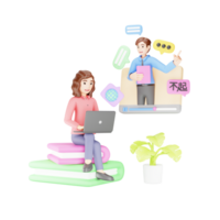 virtuell språk inlärning - 3d karaktär kvinna med uppkopplad handledare - pedagogisk illustration png