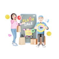 Online Shopping Flash Sale - 3D Character Illustration of E-commerce Discount Event png