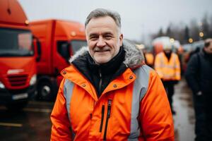 ai generado logístico centrar carga camiones transporte Envío camión entrega carga la carretera. retrato hombre conductor conducción camión coche Listo viajar. portador almacén almacenamiento vehículo carga envío foto