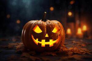 AI Generated Happy Halloween party Jack O Lantern orange pumpkin scary spooky creepy carving evil smile angry face glowing. Trick treat holiday dark mysterious night eerie horror October nightmare photo