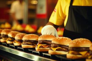 ai generado rápido comida orden preparación cocinero hamburguesas Cocinando carne filete comida restaurante interior Servicio empleados trabajando hamburguesa hamburguesa con queso almuerzo carne bollos un pan fritura cafetería café horno foto