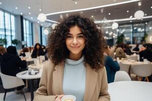 AI Generated Portrait happy beautiful Caucasian lady girl female smiling woman elegant clothes enjoying drinking holding hot cup coffee shop cafe restaurant freelance office date business weekend photo