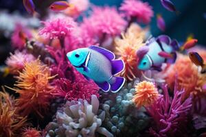 AI Generated Cute colorful group underwater fish sea ocean aquarium beautiful tropical coral reef. Oceanarium animal wildlife marine ecology panorama water nature snorkel diving ecosystem photo