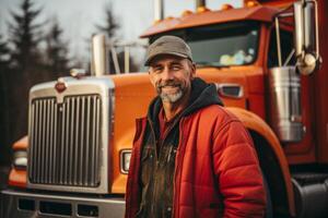 ai generado logístico centrar carga camiones transporte Envío camión entrega carga la carretera. retrato hombre conductor conducción camión coche Listo viajar. portador almacén almacenamiento vehículo carga envío foto