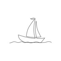 Continuous one-line drawing of a sailboat on sea waves and outline line vector art of a sea boat Isolated illustration