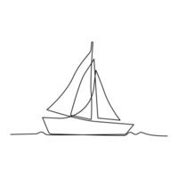 Continuous one-line drawing of a sailboat on sea waves and outline line vector art of a sea boat Isolated illustration