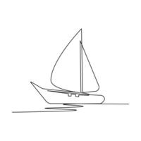 Continuous one-line drawing of a sailboat on sea waves and outline line vector art of a sea boat Isolated illustration