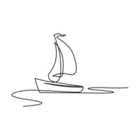 Continuous one-line drawing of a sailboat on sea waves and outline line vector art of a sea boat Isolated illustration