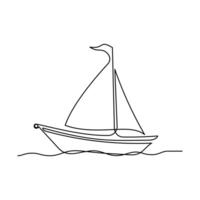 continuo una línea dibujo de un velero en mar olas y contorno línea vector Arte de un mar barco aislado ilustración