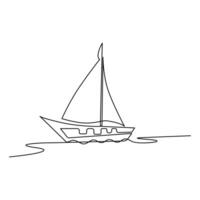 continuo una línea dibujo de un velero en mar olas y contorno línea vector Arte de un mar barco aislado ilustración