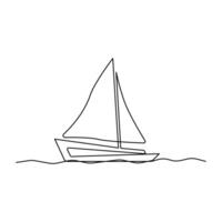 Continuous one-line drawing of a sailboat on sea waves and outline line vector art of a sea boat Isolated illustration