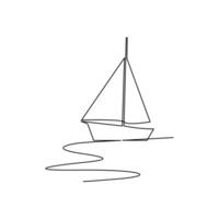 Continuous one-line drawing of a sailboat on sea waves and outline line vector art of a sea boat Isolated illustration