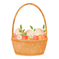 Cartoon-style wooden basket with a tall handle. Woven crate filled with fresh country eggs. Adorned with green sprigs and spring flowers. Eco-friendly product. for Easter. Watercolor illustration png