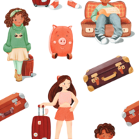 sömlös mönster av flicka med bagage, en mörkhyad leende flicka, pojke sitter i öppen tömma brun retro resväska. överraskad utseende på de att göra lista. resa begrepp. vattenfärg illustration av en tonåring png