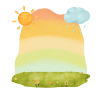 watercolor background for children's illustrations. composition is a green meadow with flowers, a soft rainbow backdrop, and the playful elements of sun and rain. for books, posters, and designs png