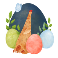 Easter watercolor composition featuring a whimsical speckled hen, colorful dyed eggs, green branches, and a delicate blue butterfly. for creative applications, including cards and textile designs png