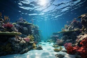 AI Generated Beautiful ancient aquatic life landscape deep underwater coral reef sunshine penetrate caves dive sea scuba exploring analysis research fish. Atlantic Ocean seafloor watery abyss photo